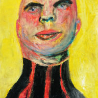 Oil pastel portrait painting of a lonely bald man