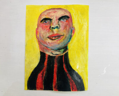 Oil pastel portrait painting of a lonely bald man