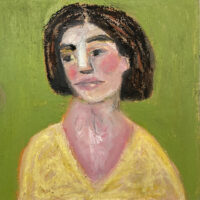 6x6 oil pastel portrait painting of a woman wearing yellow with a green background by Katie Jeanne Wood