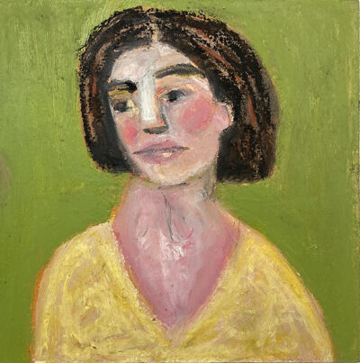 6x6 oil pastel portrait painting of a woman wearing yellow with a green background by Katie Jeanne Wood