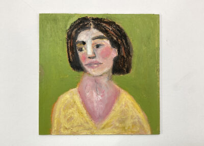 6x6 oil pastel portrait painting of a woman wearing yellow with a green background by Katie Jeanne Wood