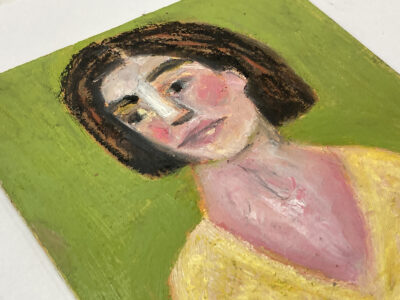 6x6 oil pastel portrait painting of a woman wearing yellow with a green background by Katie Jeanne Wood