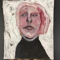 Gouache portrait painting on cardboard of a woman experiencing turbulent weather by Katie Jeanne Wood