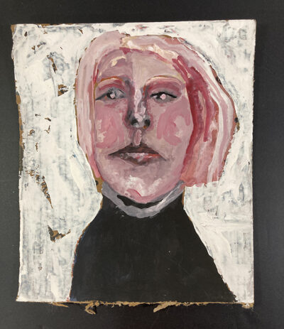 Gouache portrait painting on cardboard of a woman experiencing turbulent weather by Katie Jeanne Wood