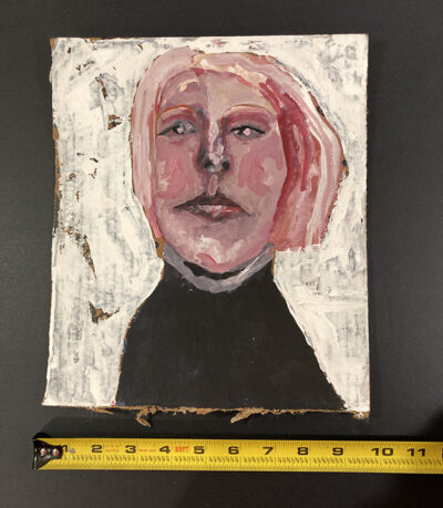 Gouache portrait painting on cardboard of a woman experiencing turbulent weather by Katie Jeanne Wood