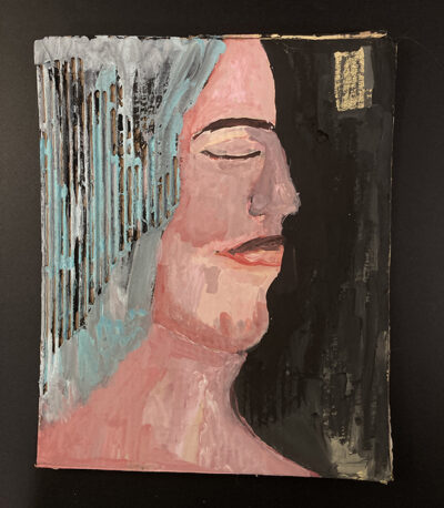 Gouache portrait painting on cardboard by Katie Jeanne Wood