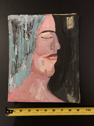 Gouache portrait painting on cardboard by Katie Jeanne Wood