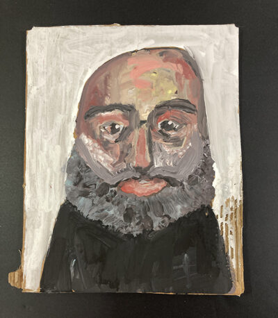 Gouache portrait painting on cardboard of an older man with beard by Katie Jeanne Wood