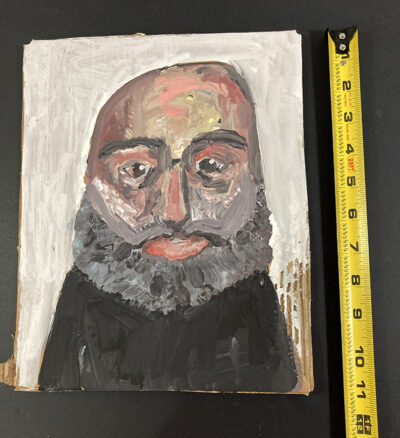 Gouache portrait painting on cardboard of an older man with beard by Katie Jeanne Wood