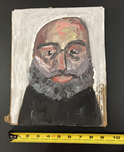 Gouache portrait painting on cardboard of an older man with beard by Katie Jeanne Wood