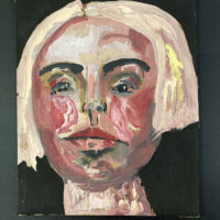 Gouache portrait painting on cardboard of an exhausted woman by Katie Jeanne Wood