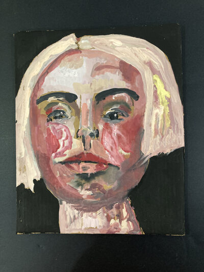 Gouache portrait painting on cardboard of an exhausted woman by Katie Jeanne Wood