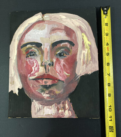 Gouache portrait painting on cardboard of an exhausted woman by Katie Jeanne Wood