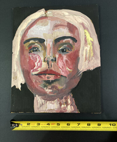 Gouache portrait painting on cardboard of an exhausted woman by Katie Jeanne Wood