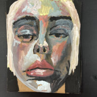 Gouache portrait painting on cardboard of a disgruntled woman by Katie Jeanne Wood