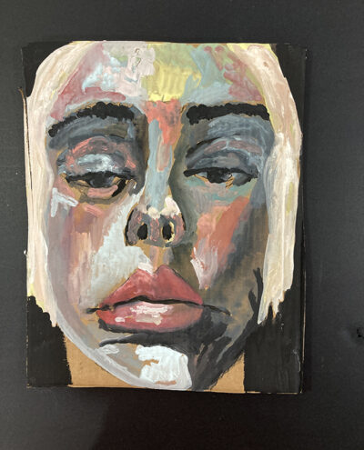 Gouache portrait painting on cardboard of a disgruntled woman by Katie Jeanne Wood