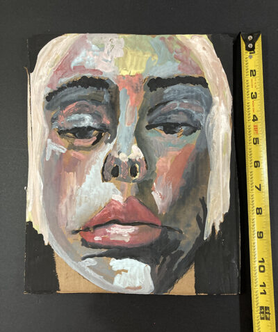 Gouache portrait painting on cardboard of a disgruntled woman by Katie Jeanne Wood