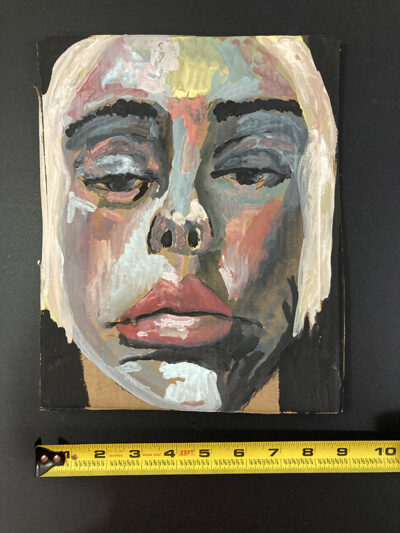 Gouache portrait painting on cardboard of a disgruntled woman by Katie Jeanne Wood