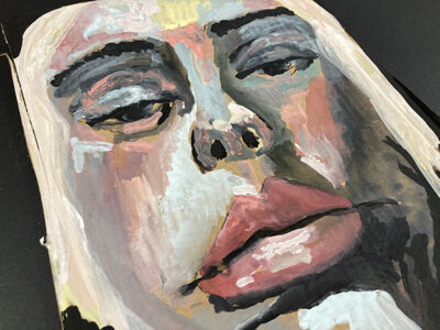 Gouache portrait painting on cardboard of a disgruntled woman by Katie Jeanne Wood