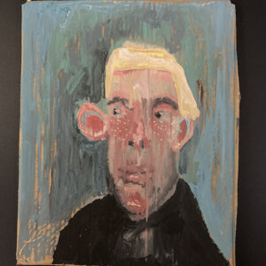 Gouache portrait painting on cardboard of a woman with a blonde man by Katie Jeanne Wood