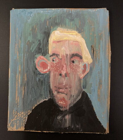 Gouache portrait painting on cardboard of a woman with a blonde man by Katie Jeanne Wood