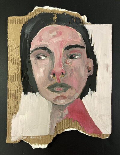 Gouache portrait painting on cardboard of a woman who is past the point of no return by Katie Jeanne Wood