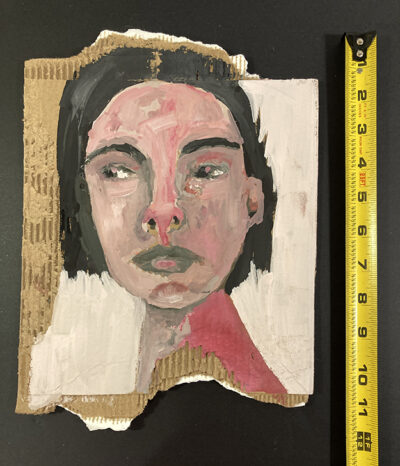 Gouache portrait painting on cardboard of a woman who is past the point of no return by Katie Jeanne Wood