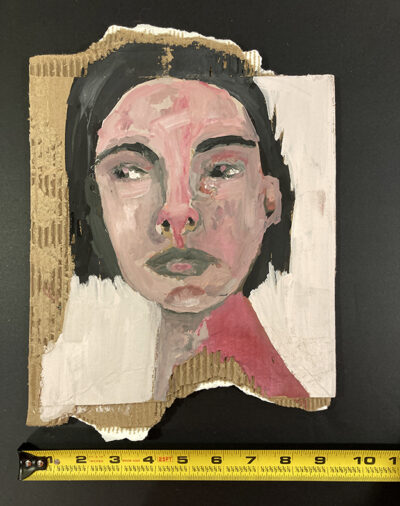 Gouache portrait painting on cardboard of a woman who is past the point of no return by Katie Jeanne Wood