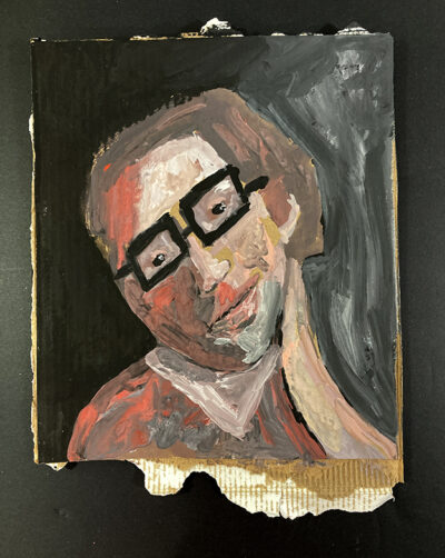 Gouache portrait painting on cardboard of a smiling woman by Katie Jeanne Wood