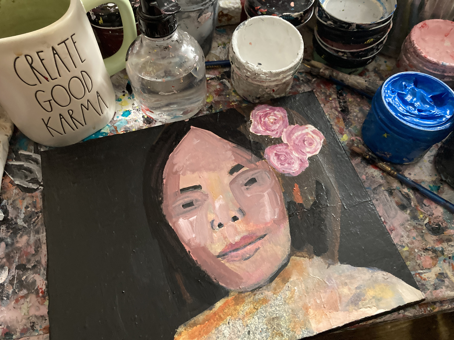 Katie Jeanne Wood - Flowers in Her Hair WIP mixed media portrait painting