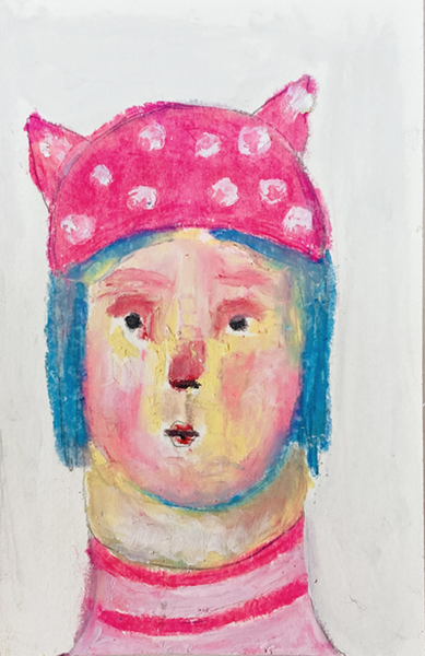Oil pastel drawing of a girl wearing a pink polka dot winter hat.