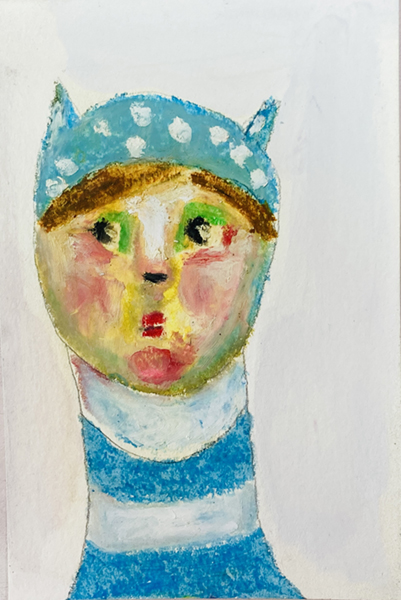 Oil pastel drawing of a boy wearing a blue polka dot winter hat.