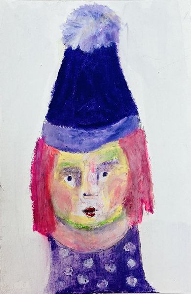 Oil pastel drawing of a girl wearing a purple  winter hat.
