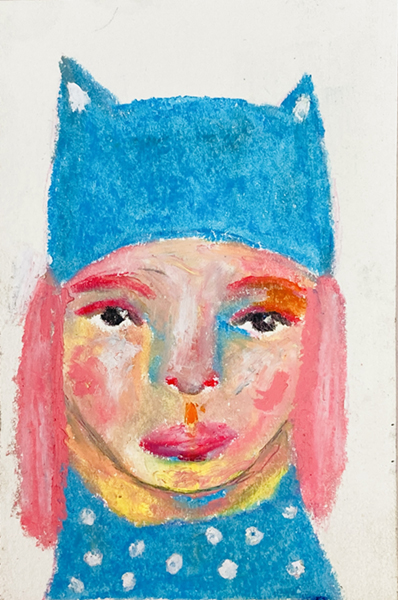 Oil pastel drawing of a girl wearing a blue kitty winter hat.